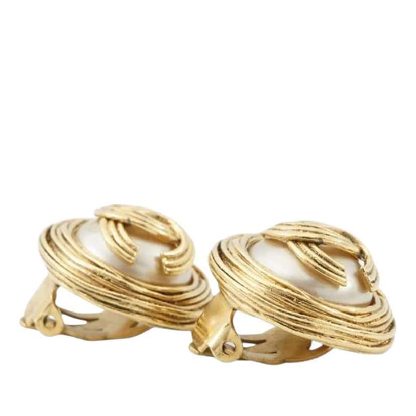 Chanel Gold Plated CC Faux Pearl Round Clip on Earrings Gold Metal Good condition - Inside View