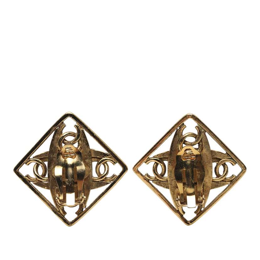 Chanel Gold Plated Faux Pearl CC Diamond Shaped Clip On Earrings Gold Metal Good condition - Back View