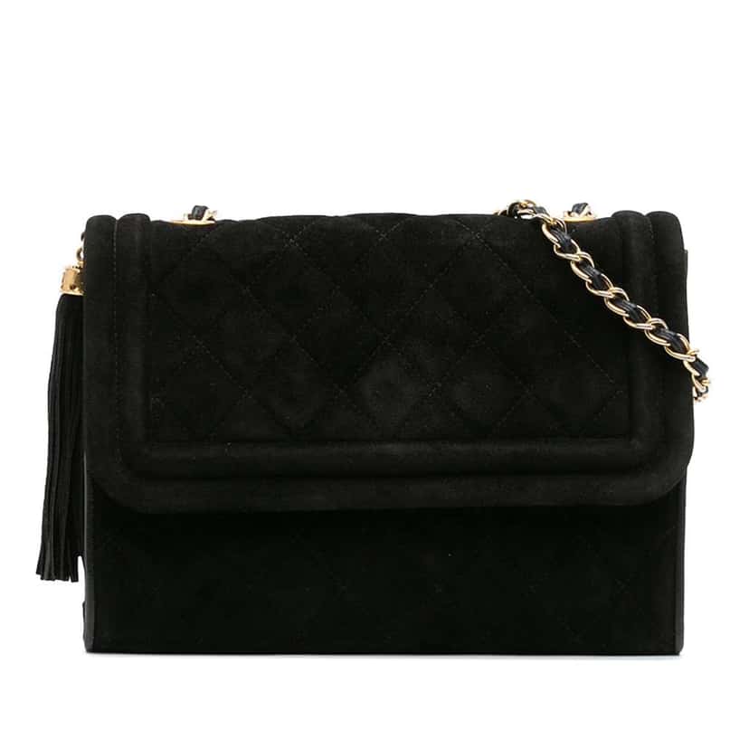Chanel Quilted Suede Tassel Flap Black Leather Very good condition - Front View