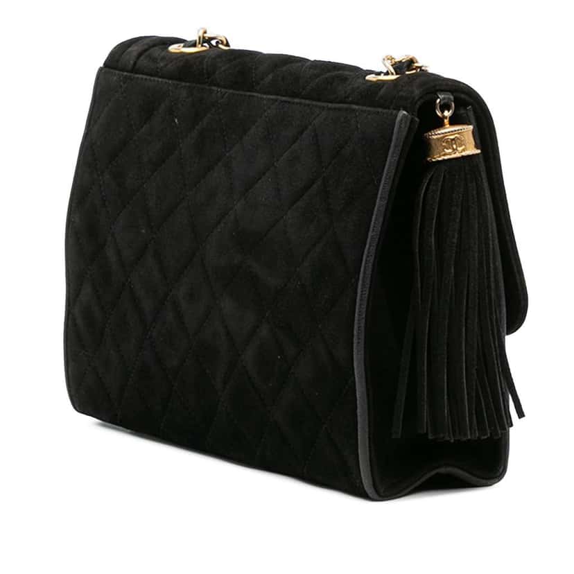 Chanel Quilted Suede Tassel Flap Black Leather Very good condition - Back View