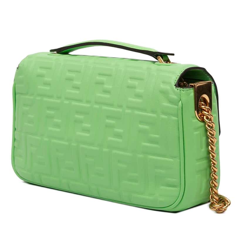 Fendi Small FF Nappa Embossed Chain Midi Baguette Green Leather Good condition - Back View