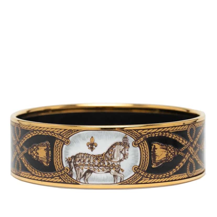 Hermès Wide Grand Apparat Horse Enamel Bangle 65 Black Good condition - Front View