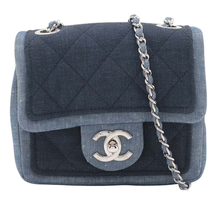 Chanel Mini Square Bicolor Quilted Denim Medallion Flap Blue Denim Good condition - Front View