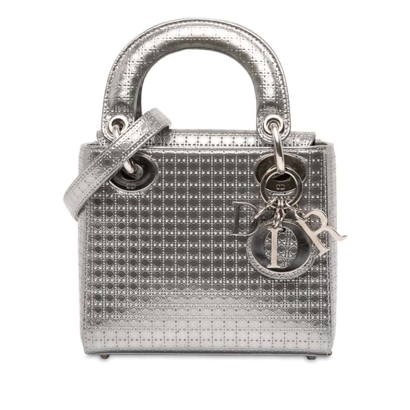 Dior Mini Metallic Patent Microcannage Lady Dior Silver Leather Good condition - Front View