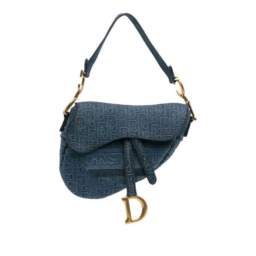 Dior Oblique Denim Embroidered Saddle Bag Blue Denim Good condition - Front View