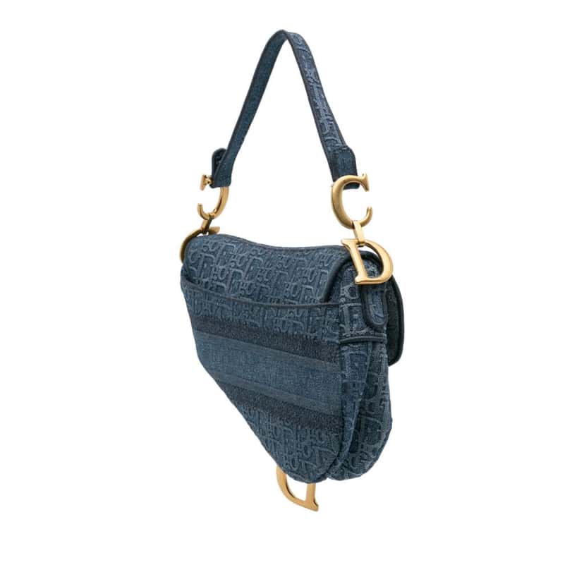 Dior Oblique Denim Embroidered Saddle Bag Blue Denim Good condition - Back View