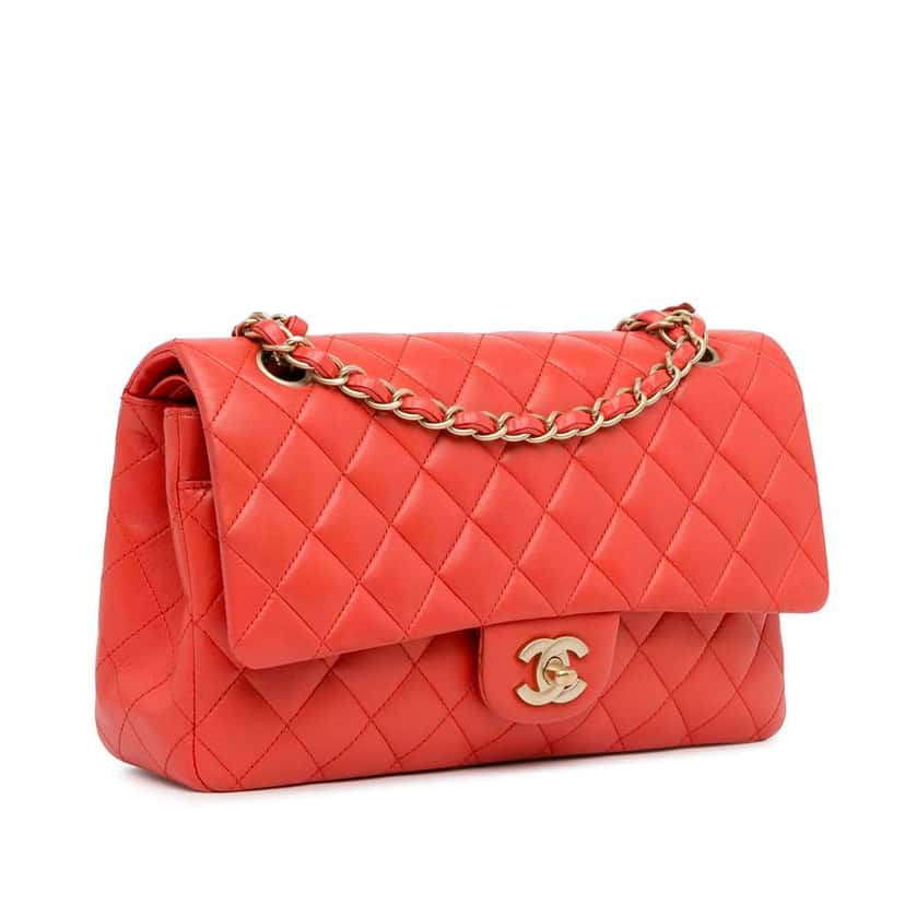 Chanel Medium Classic Lambskin Double Flap Red Leather Good condition - Back View