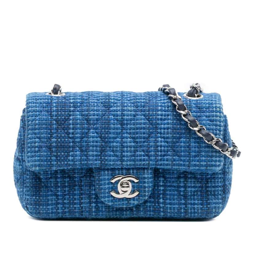 Chanel Mini Rectangular Classic Tweed Single Flap Blue Tweed Good condition - Front View