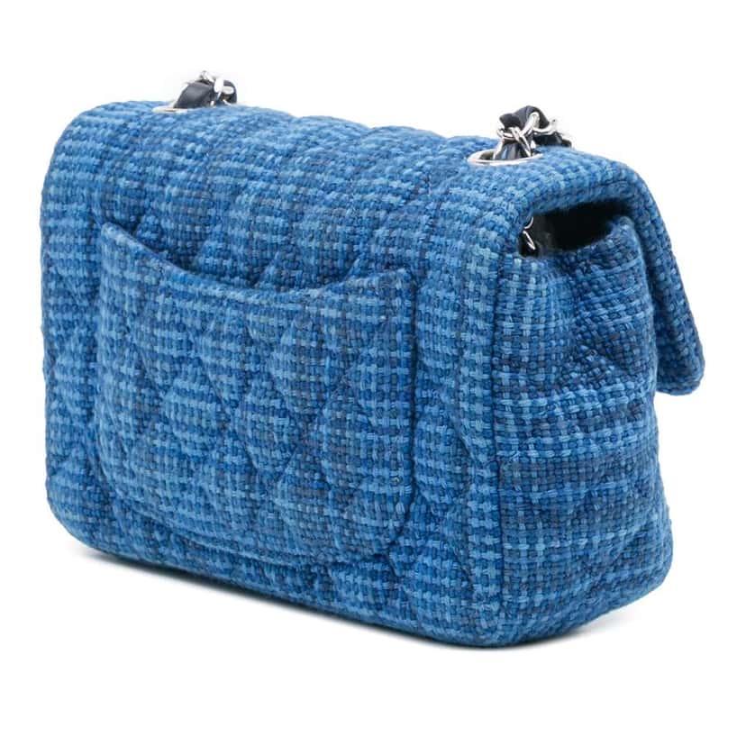 Chanel Mini Rectangular Classic Tweed Single Flap Blue Tweed Good condition - Back View