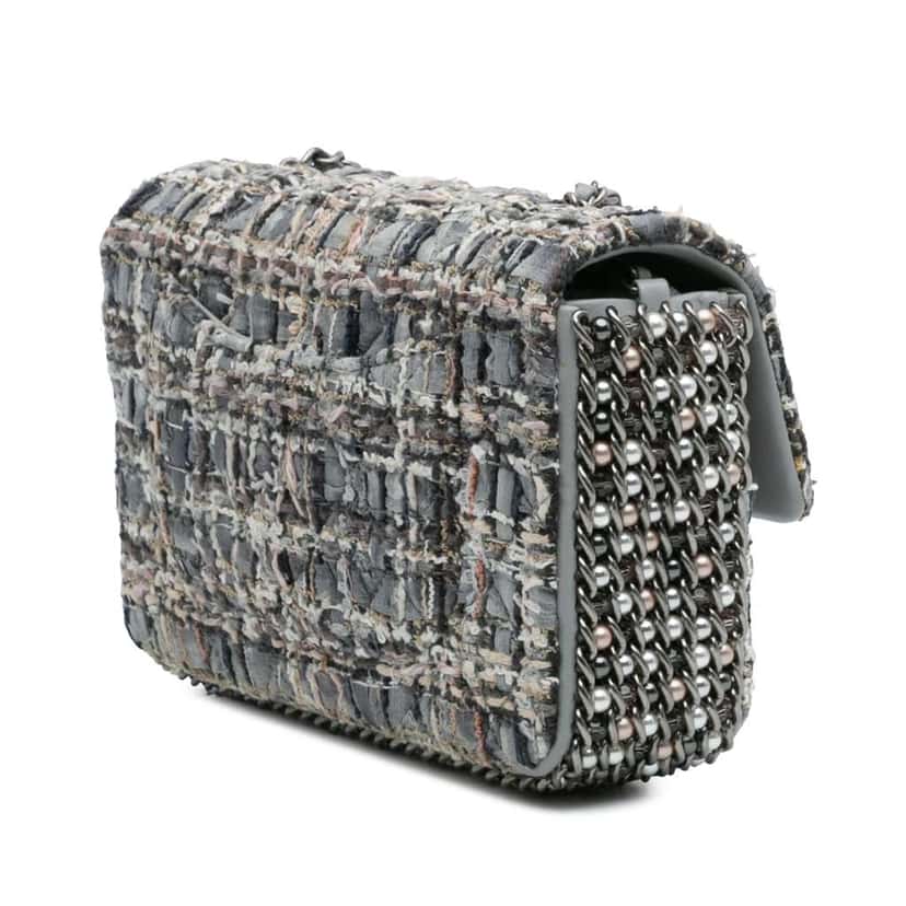 Chanel Mini Quilted Tweed River of Pearls Flap Grey Tweed Good condition - Back View