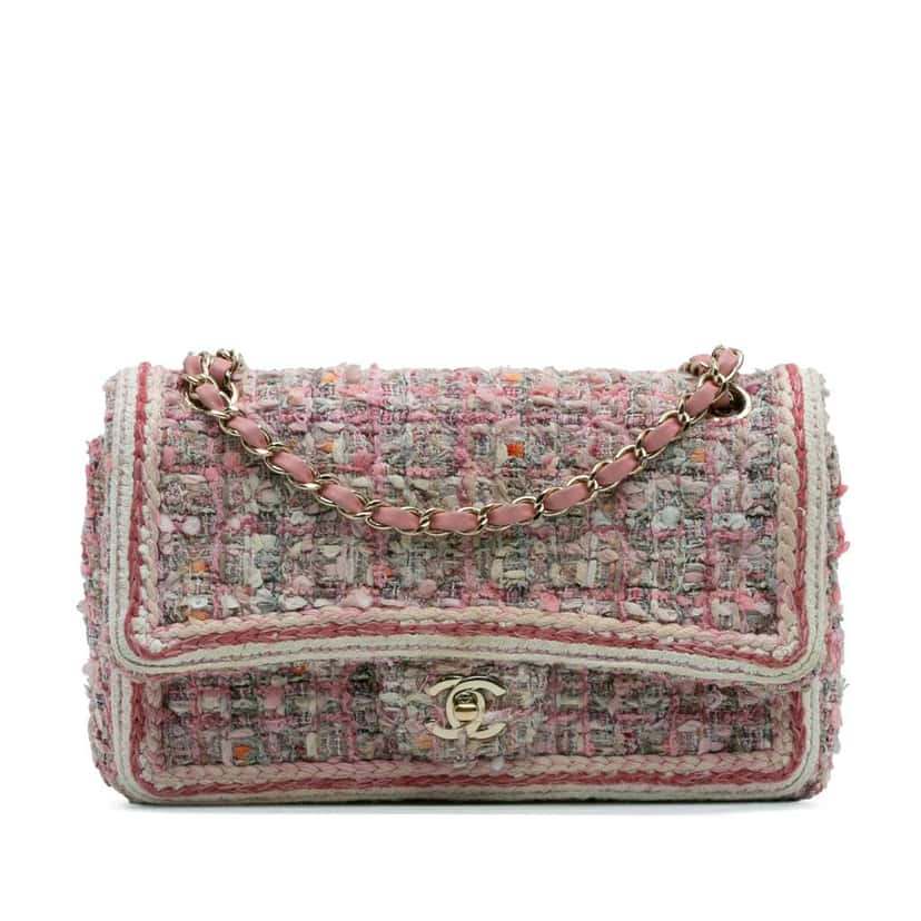 Chanel Medium Classic Quilted Tweed Braided Double Flap Pink Tweed Good condition - Front View