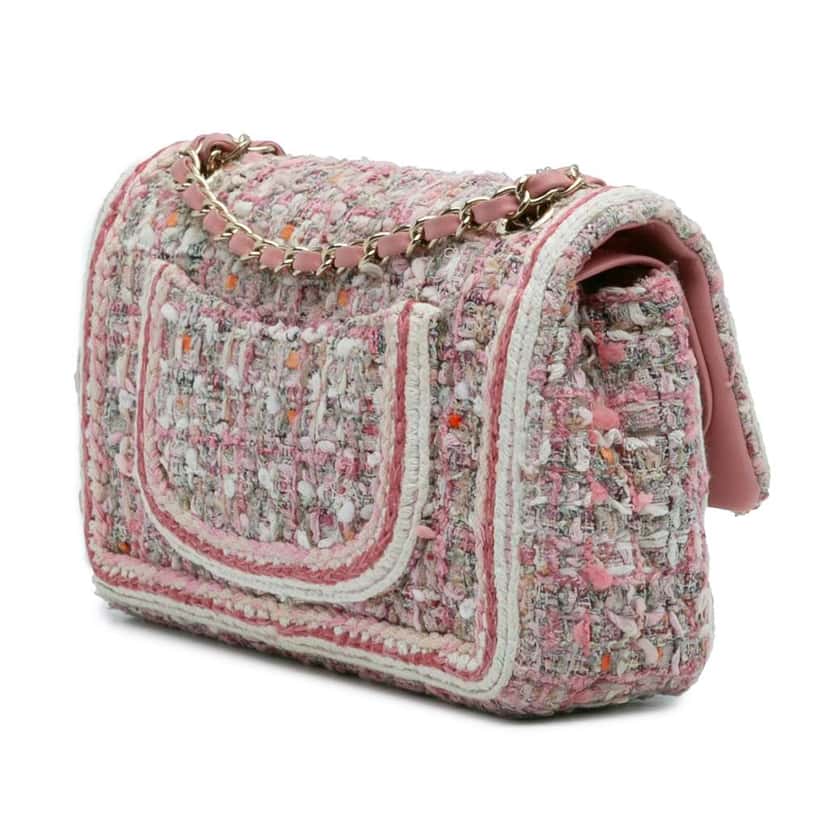 Chanel Medium Classic Quilted Tweed Braided Double Flap Pink Tweed Good condition - Back View