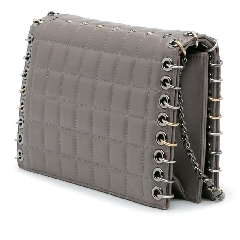 Chanel Small Lambskin Chocolate Bar CC Piercing Studded Chain Flap Grey Leather Very good condition - Back View