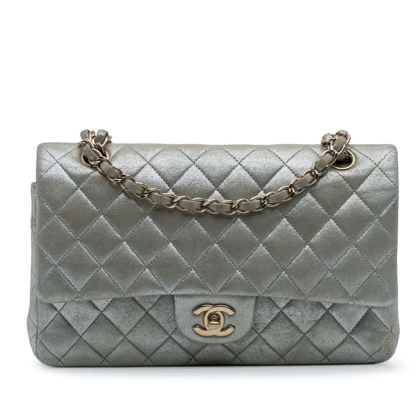 Chanel Medium Classic Iridescent Calfskin Double Flap Silver Leather Good condition - Front View