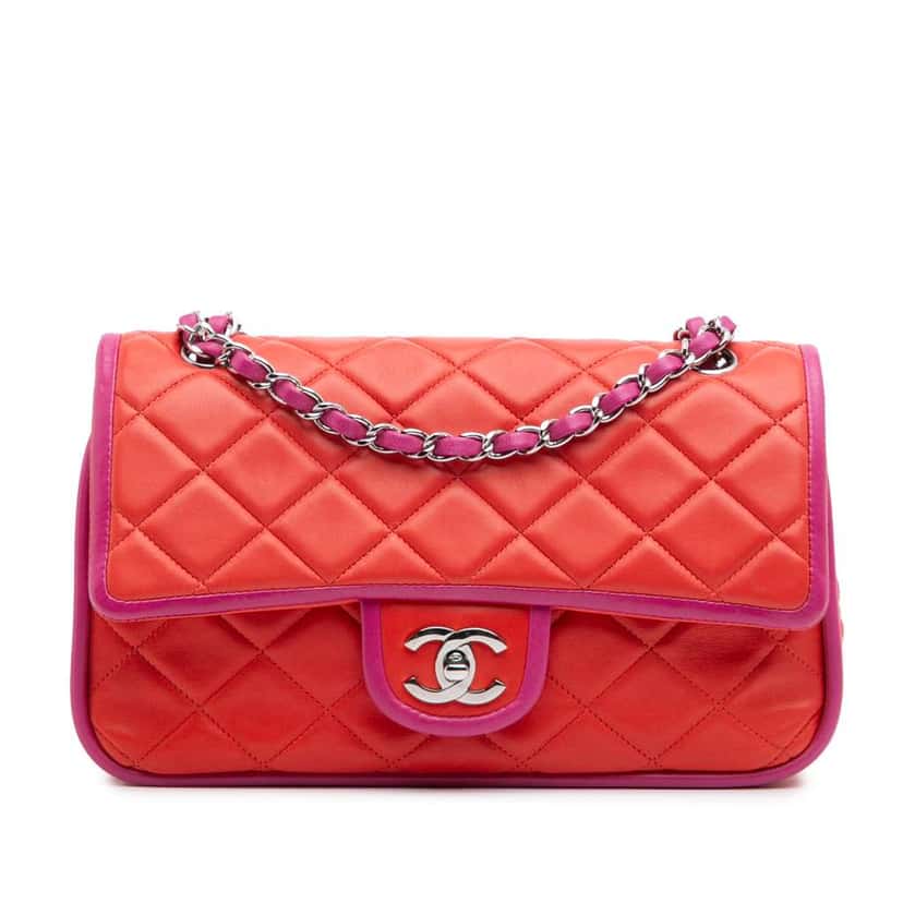 Chanel Medium Classic Bicolor Lambskin Double Flap Red Leather Good condition - Front View