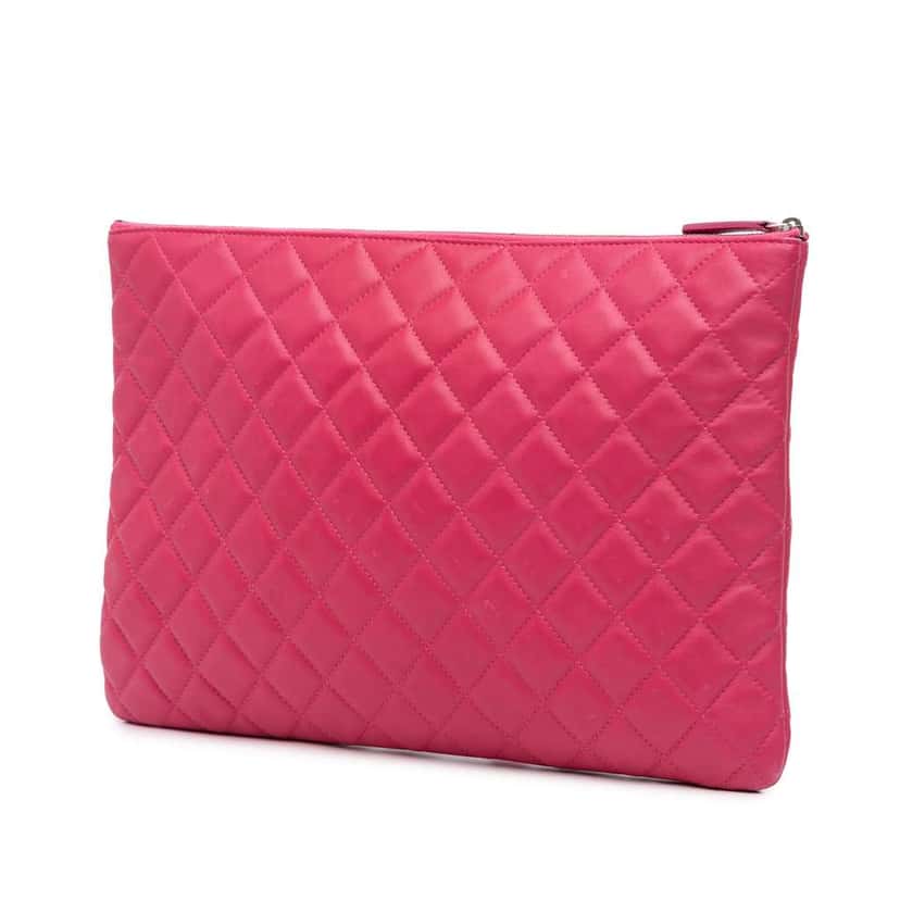 Chanel Large Quilted Lambskin O Case Clutch Pink Leather Good condition - Back View