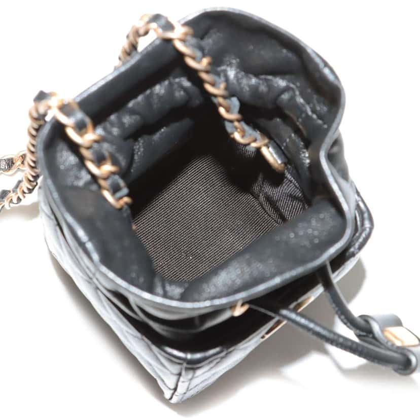 Chanel Mini Quilted Calfskin Drawstring Bucket Bag Black Leather Good condition - Inside View