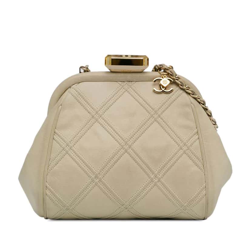 Chanel Calfskin Kiss Lock Frame Bag White Leather Good condition - Front View