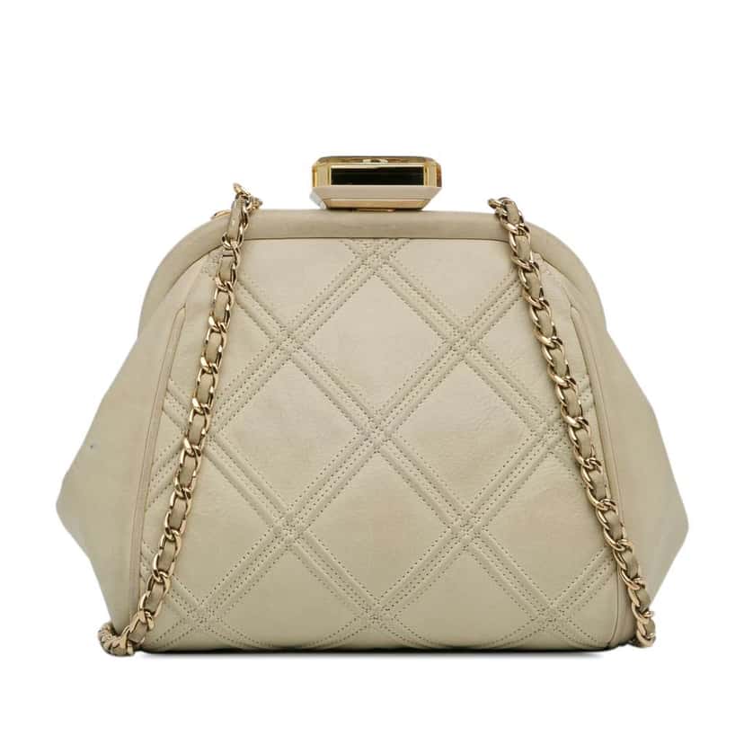 Chanel Calfskin Kiss Lock Frame Bag White Leather Good condition - Inside View