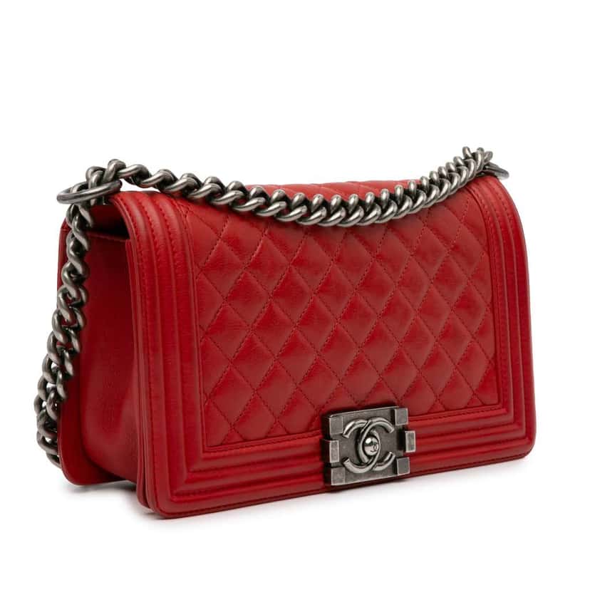 Chanel Old Medium Quilted Lambskin Boy Flap Red Leather Good condition - Back View