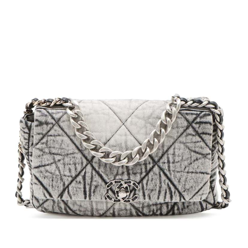 Chanel Large Quilted Washed Denim 19 Flap Grey Denim Good condition - Front View