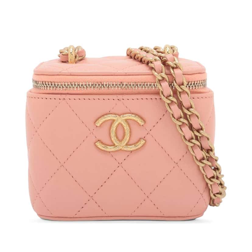 Chanel Mini CC Quilted Lambskin Vanity Case With Chain Pink Leather Good condition - Front View