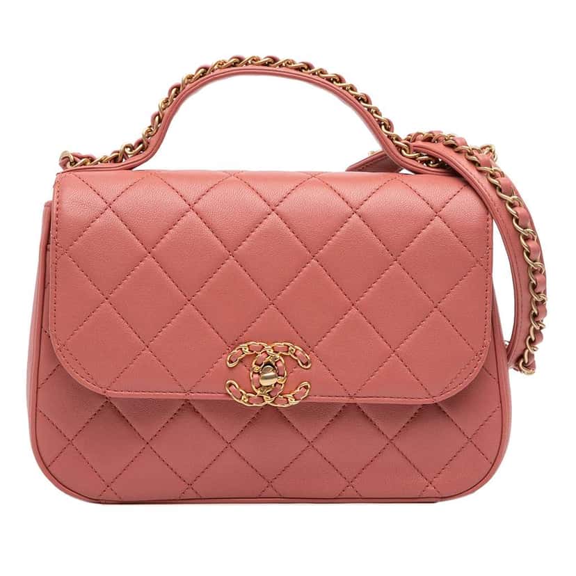 Chanel Quilted Lambskin Chain Infinity Top Handle Bag Pink Leather Good condition - Front View