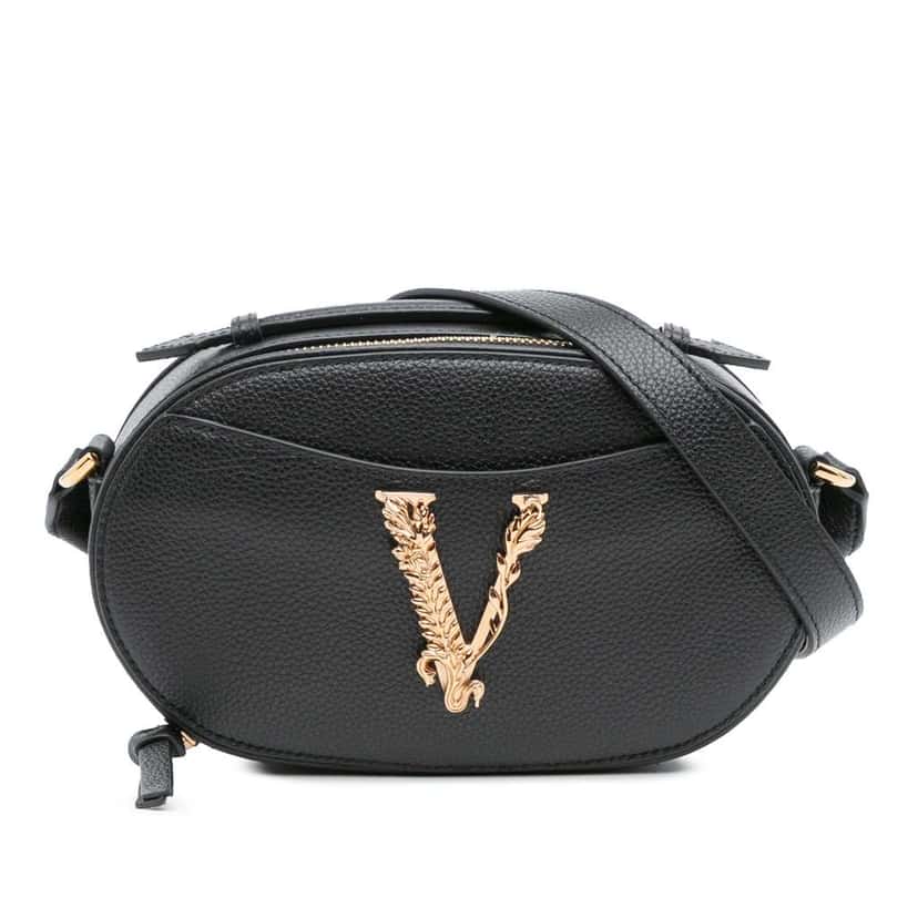 Versace Grainy Calfskin Virtus V Camera Bag Black Leather Good condition - Front View