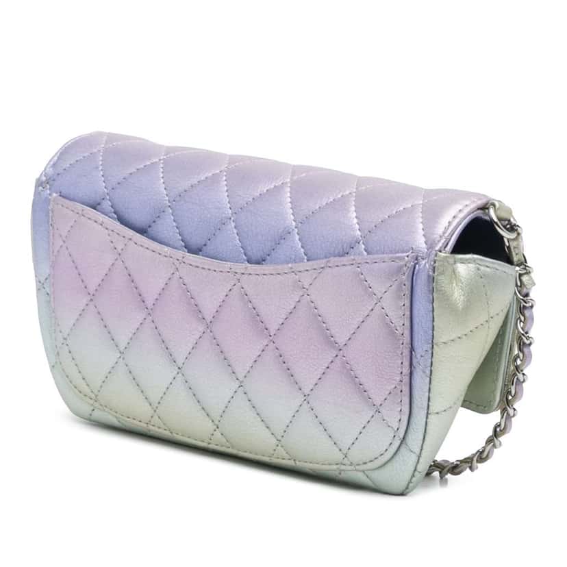 Chanel Gradient Metallic Quilted Calfskin Glasses Case With Chain Silver Leather Good condition - Back View