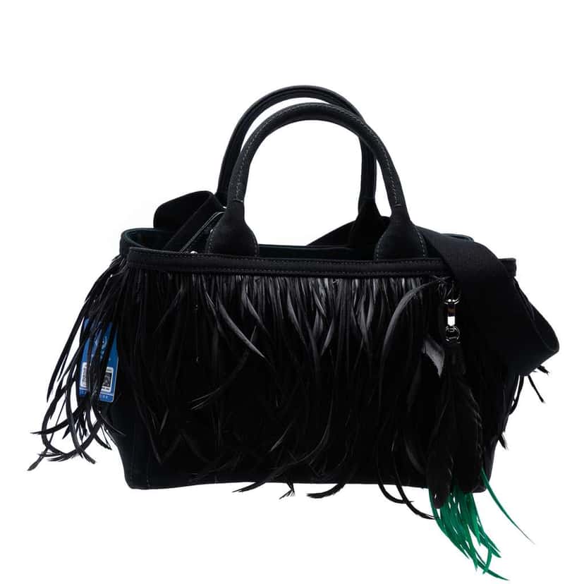 Prada Small Feather Trimmed Canvas Canapa Satchel Black Canvas Good condition - Front View