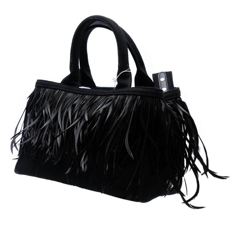 Prada Small Feather Trimmed Canvas Canapa Satchel Black Canvas Good condition - Back View