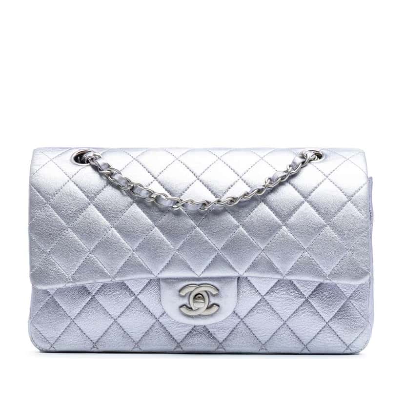 Chanel Medium Classic Metallic Calfskin Double Flap Silver Leather Good condition - Front View