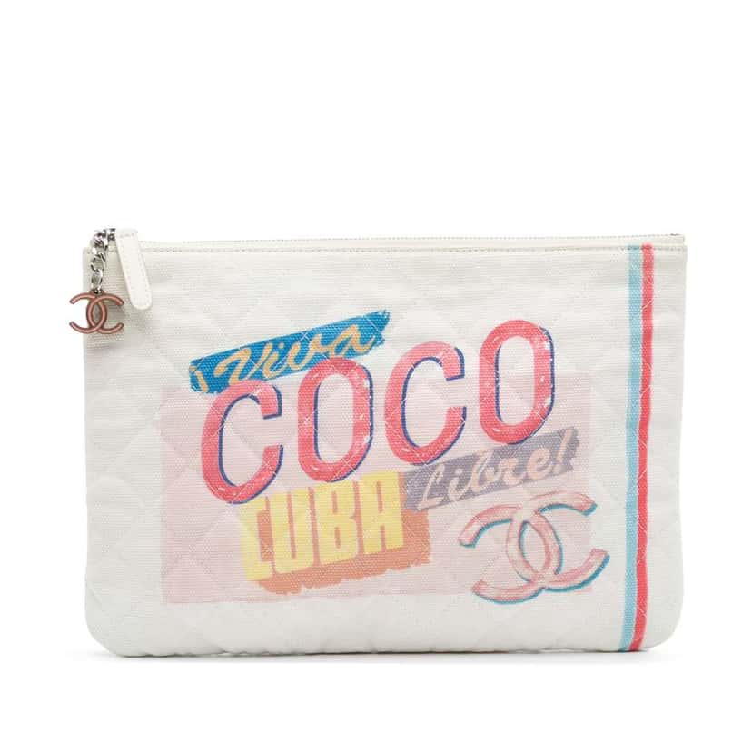 Chanel Medium Quilted Printed Canvas Coco Cuba Libre O Case Clutch White Canvas Good condition - Front View