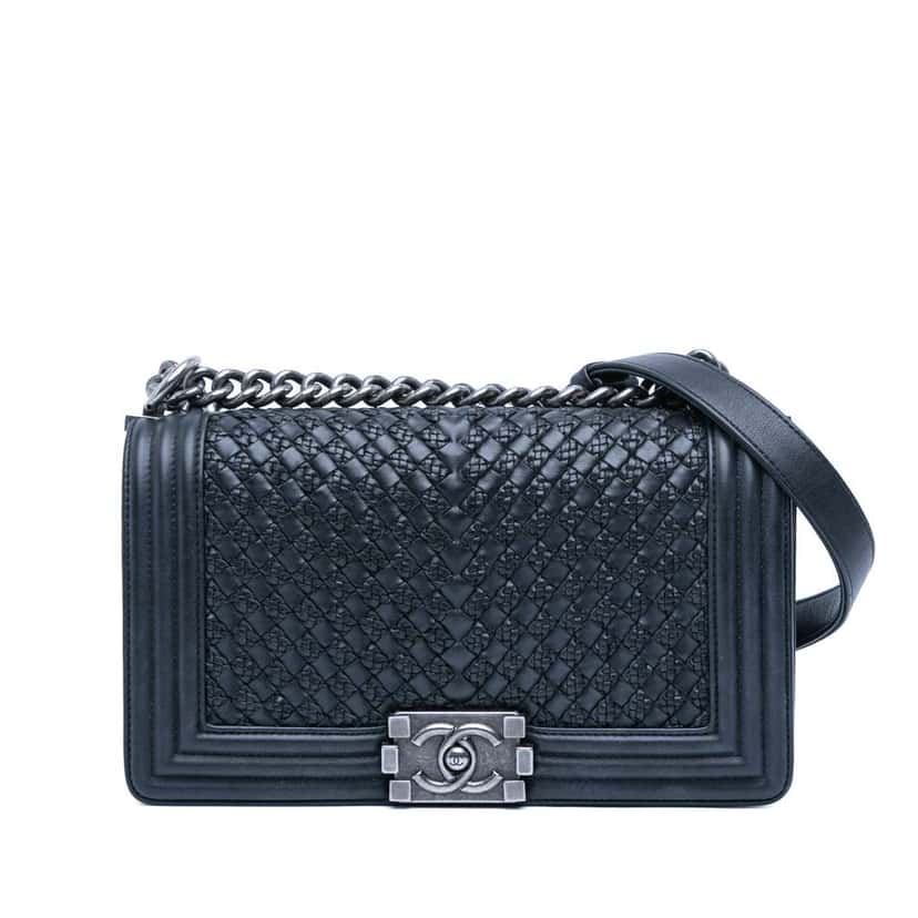 Chanel Old Medium Braided Calfskin Boy Flap Blue Leather Good condition - Front View