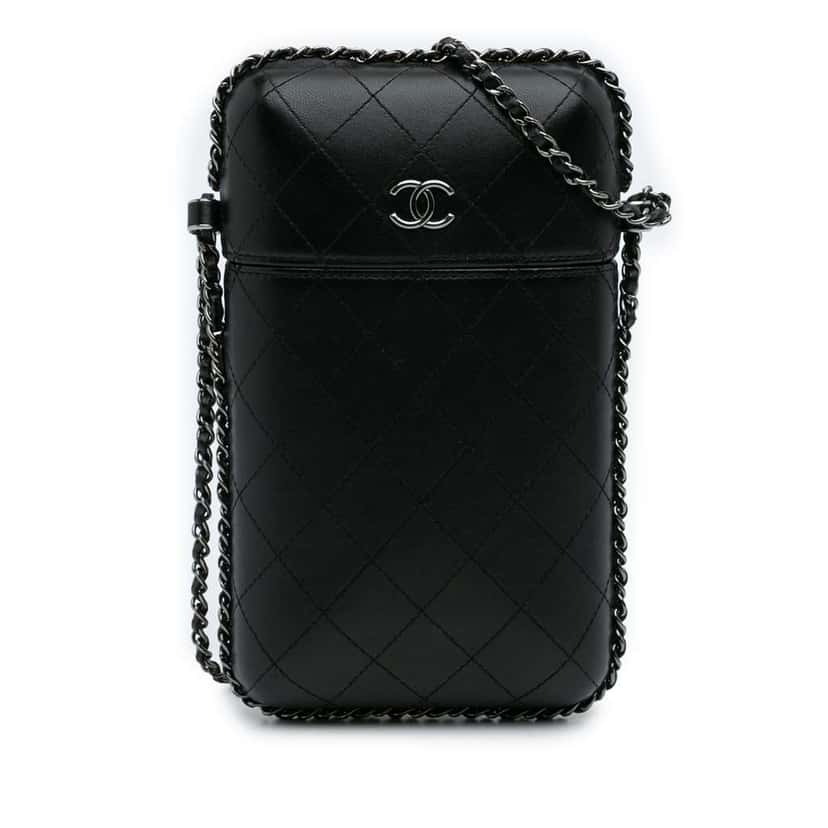 Chanel CC Quilted Lambskin Chain Around Phone Holder Black Leather Good condition - Front View