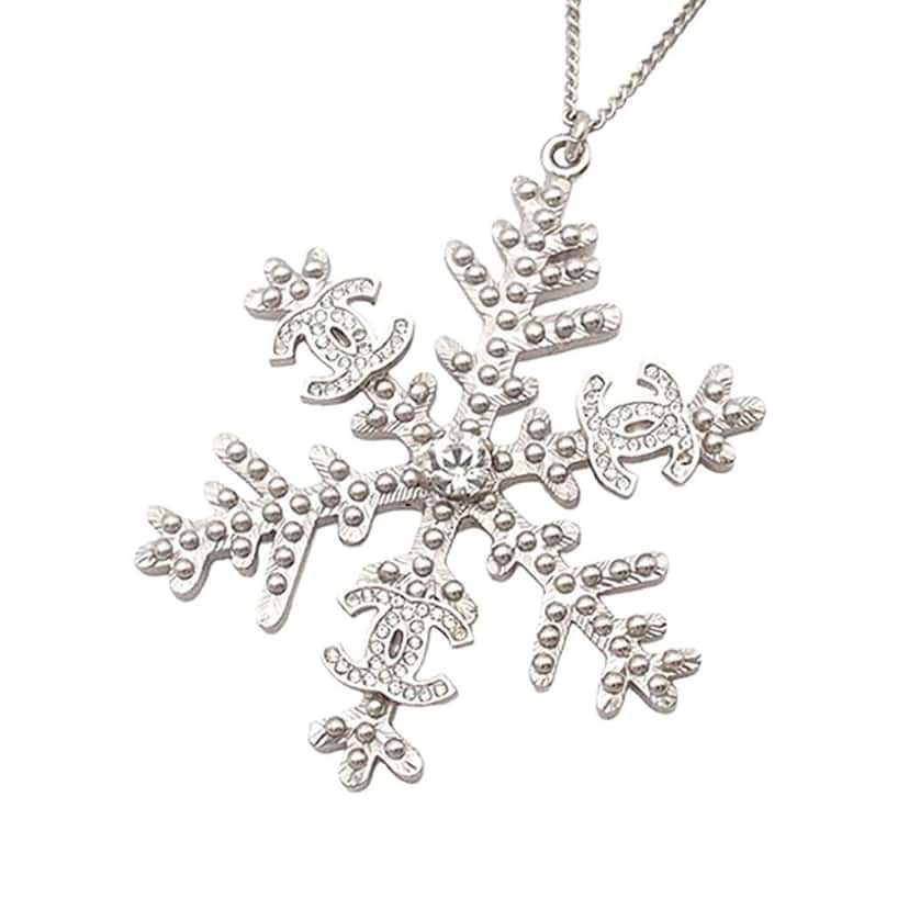 Chanel Silver Plated CC Rhinestone Snowflake Pendant Necklace Silver Metal Good condition - Back View
