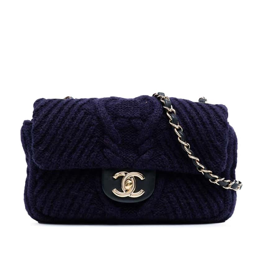 Chanel Small Paris Hamburg Cable Knit Flap Blue Wool Good condition - Front View