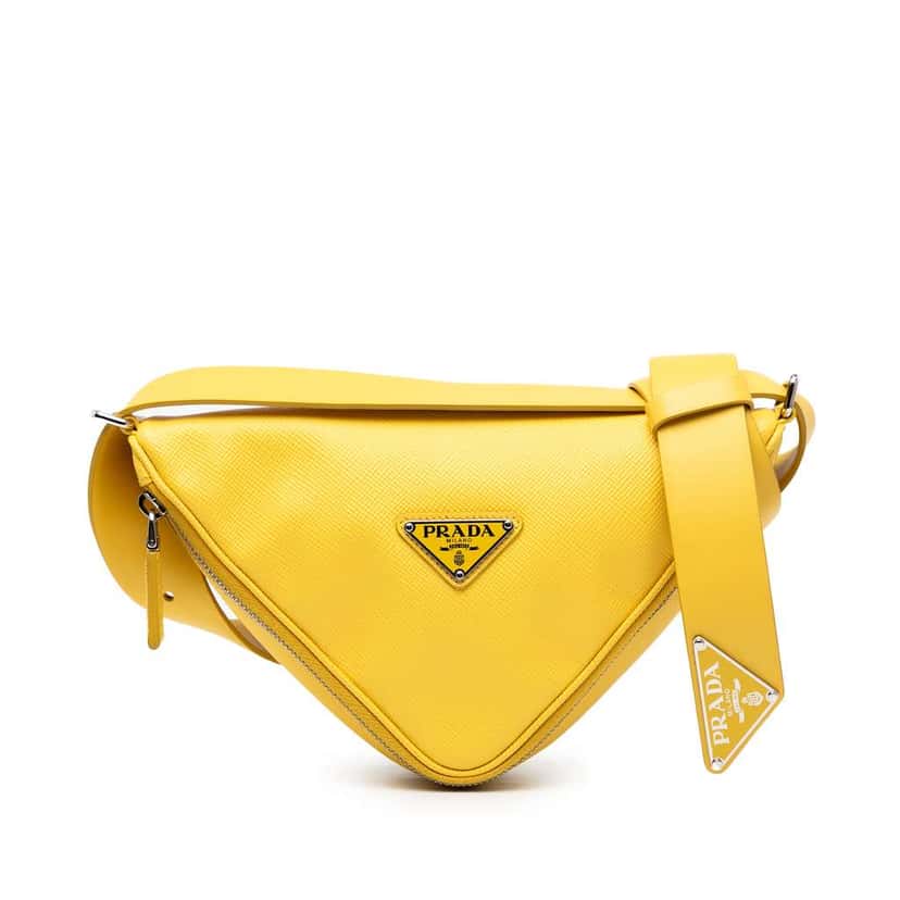 Prada Saffiano Triangle Convertible Shoulder Bag Yellow Leather Good condition - Front View