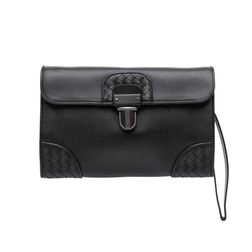 Bottega Veneta Intrecciato Trimmed Nappa Slide Lock Clutch Black Leather Good condition - Front View