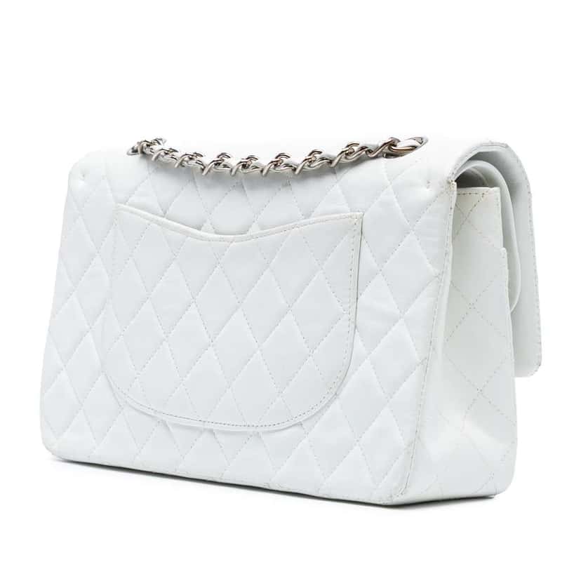 Chanel Medium Classic Lambskin Double Flap White Leather Good condition - Back View