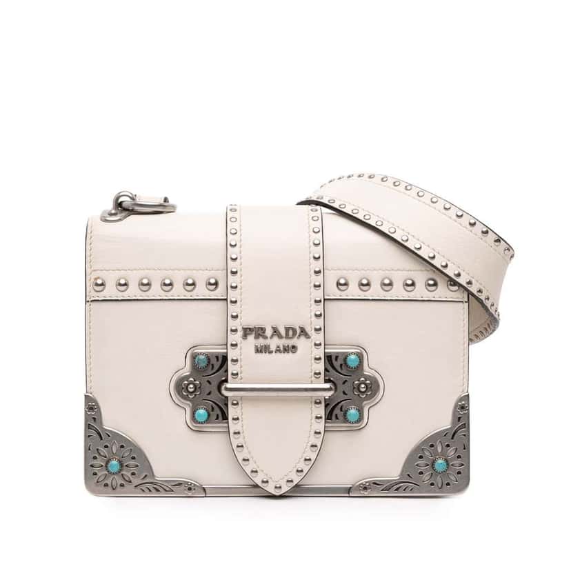 Prada City Calf Studded Folk Cahier Crossbody White Leather Good condition - Front View