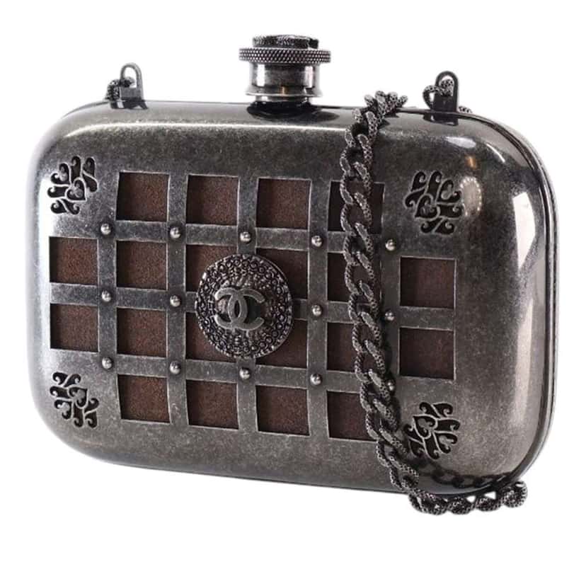 Chanel Paris Edinburgh Mini Gunmetal Grid Cage Clutch on Chain Grey Brass Good condition - Back View