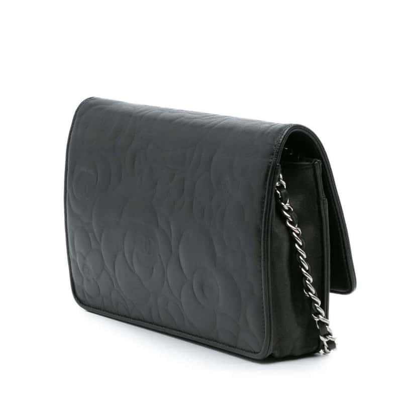 Chanel Camellia Embossed Lambskin Wallet On Chain Black Leather Very good condition - Back View
