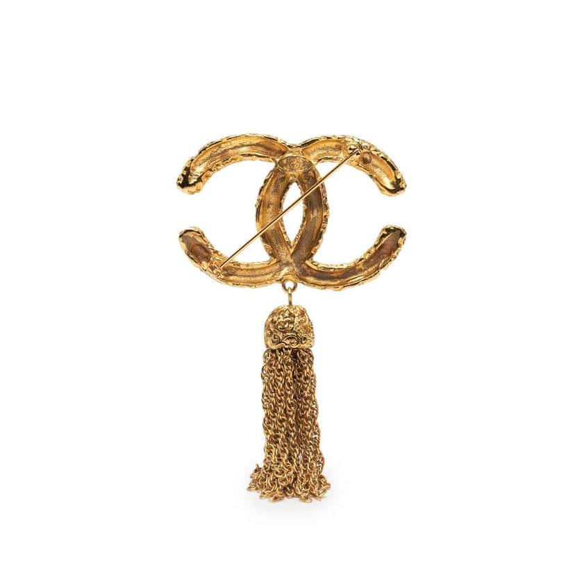 Chanel Gold Plated CC Logo Tassel Lava Fringe Brooch Gold Metal Good condition - Back View
