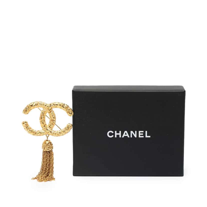 Chanel Gold Plated CC Logo Tassel Lava Fringe Brooch Gold Metal Good condition - Box View