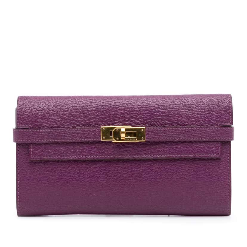 Hermès Chevre Mysore Leather Kelly Long Wallet Purple Leather Good condition - Front View