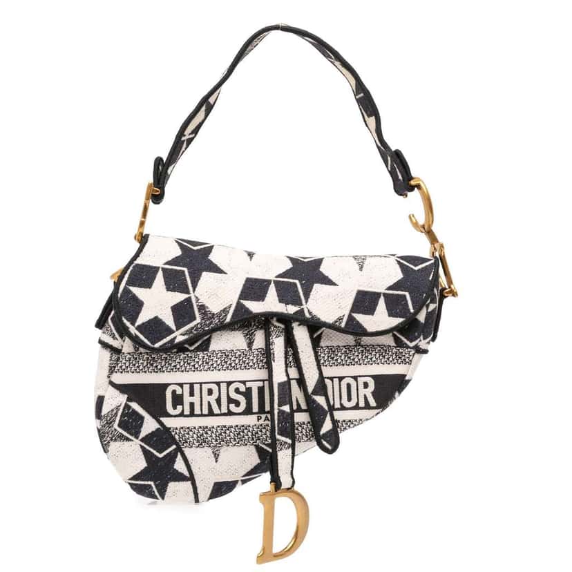 Dior Embroidered Canvas Stars Saddle Bag White Canvas Good condition - Front View