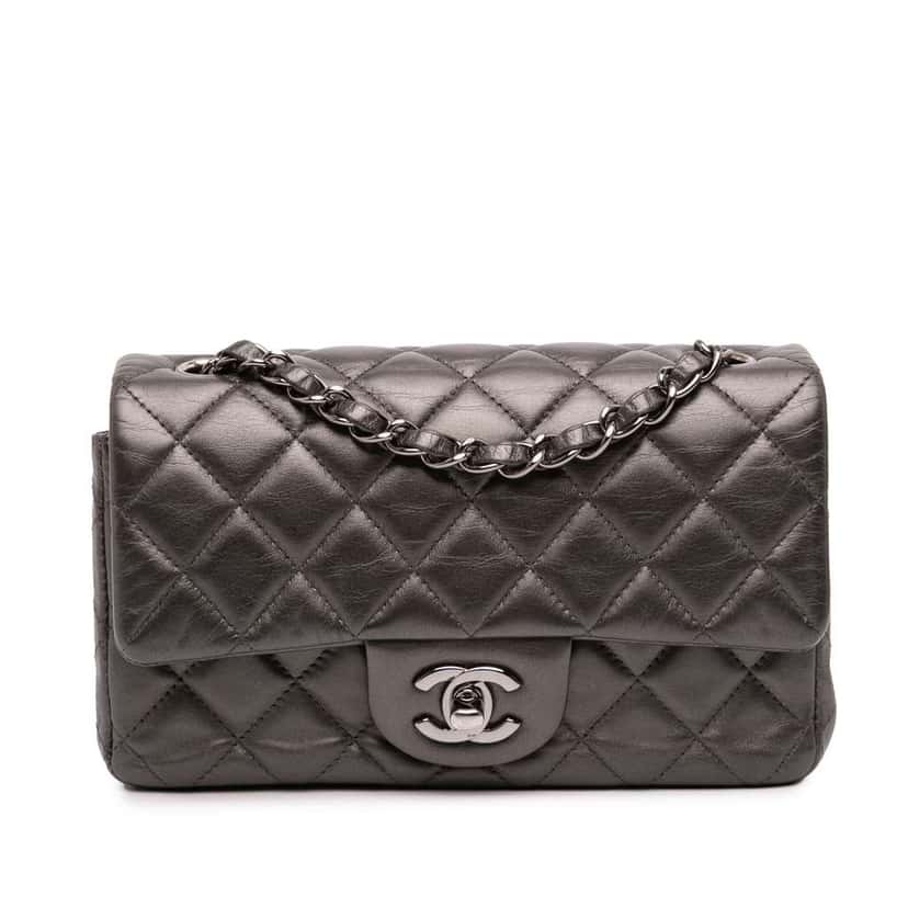 Chanel Mini Rectangular Classic Metallic Lambskin Single Flap Grey Leather Good condition - Front View