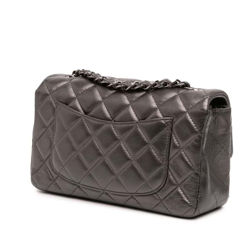 Chanel Mini Rectangular Classic Metallic Lambskin Single Flap Grey Leather Good condition - Back View