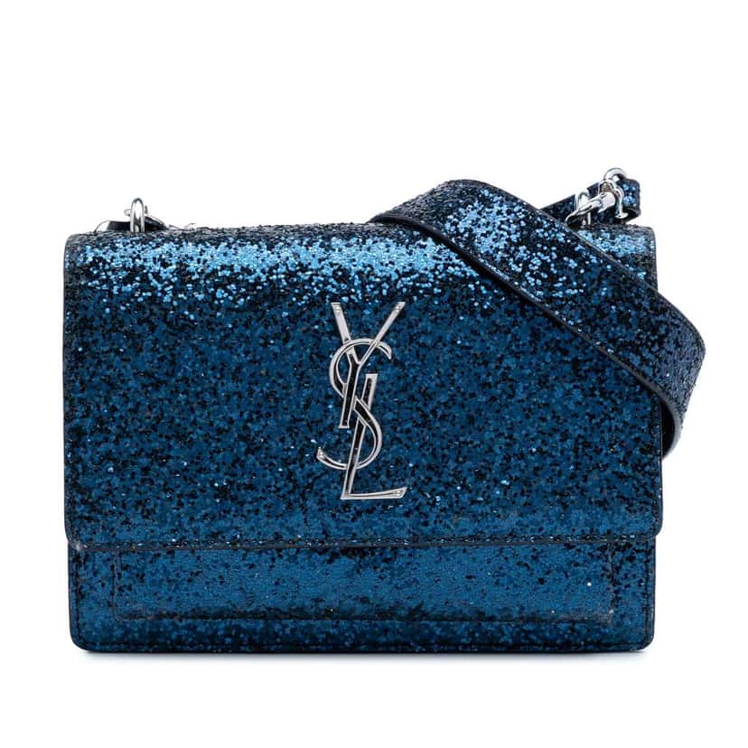 Saint Laurent Small Glittered Leather Monogram Sunset Crossbody Blue Leather Very good condition - Front View
